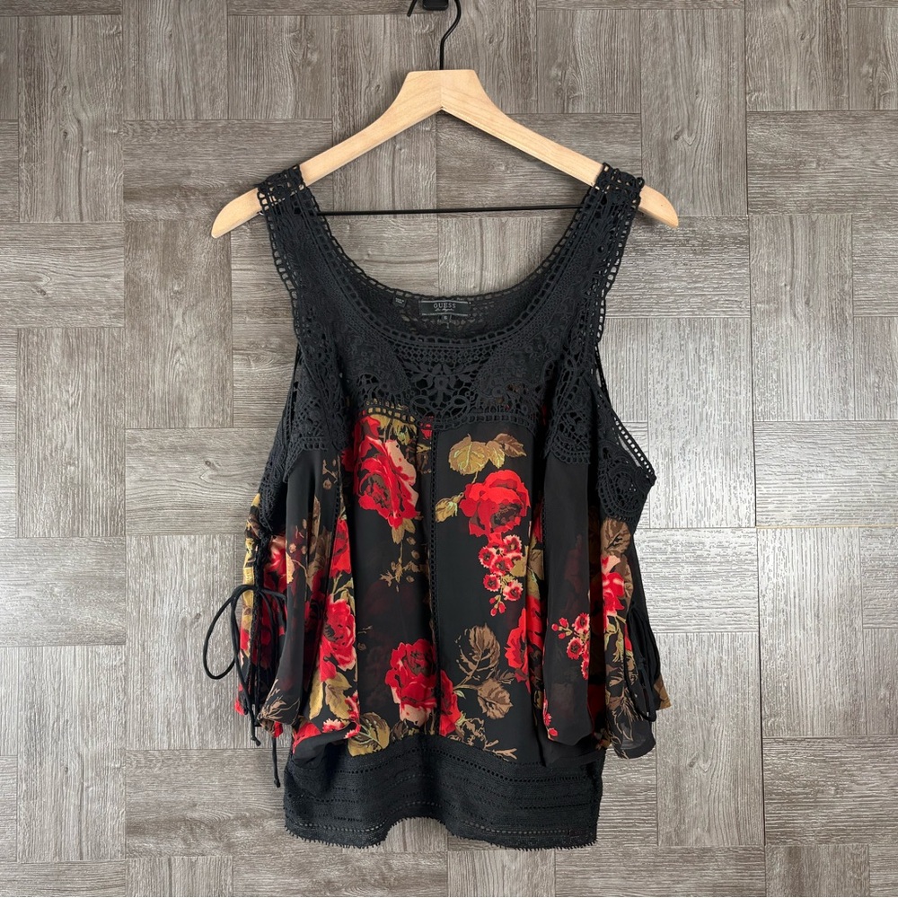 Guess Black and Red Seductive Open Shoulder Lace Sleeves Sheer Floral Blouse